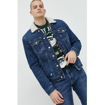 Tommy Jeans geaca jeans barbati, culoarea albastru marin, de tranzitie