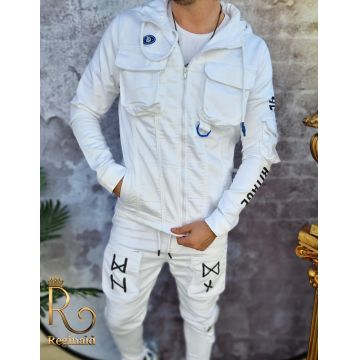 Bluza + pantaloni albi, de bărbați, cu buzunare frontale, Croiala Slim Fit - GB123