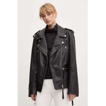 Remain geaca ramones de piele Biker Leather Jacket femei, culoarea negru, de tranzitie, 502123100