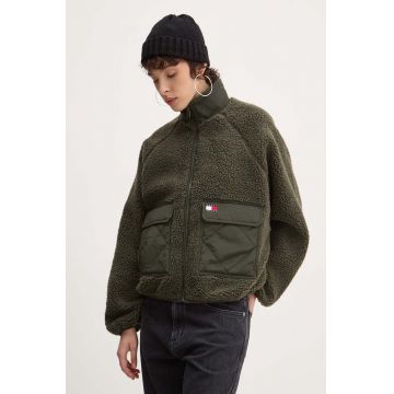 Tommy Jeans geaca femei, culoarea verde, de tranzitie, DW0DW18303