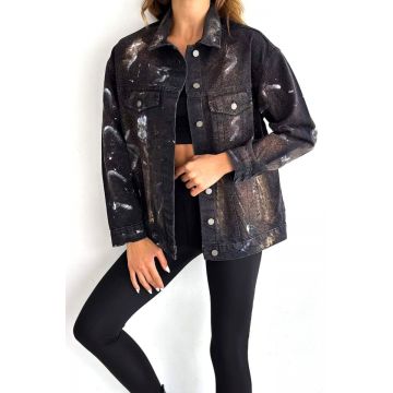 Geaca lunga de dama Graphic Denim, cu buzunare si imprimeu realist, Negru