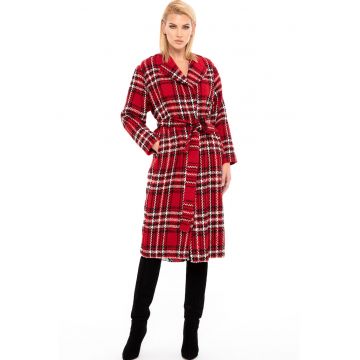 Palton din amestec de lana cu model tartan si design petrecut