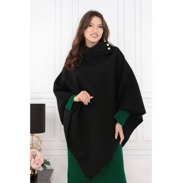 Poncho elegant negru cu nasturi aurii la guler