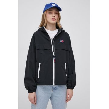 Tommy Jeans geaca femei, culoarea negru, de tranzitie